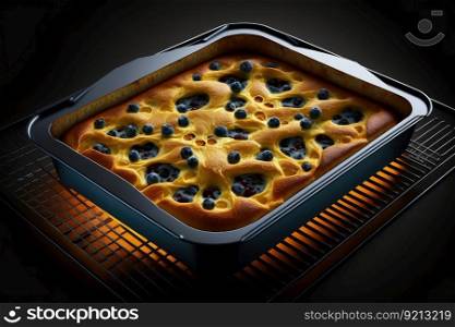 baked cake in section on baking tray for cooking on hob, created with generative ai. baked cake in section on baking tray for cooking on hob