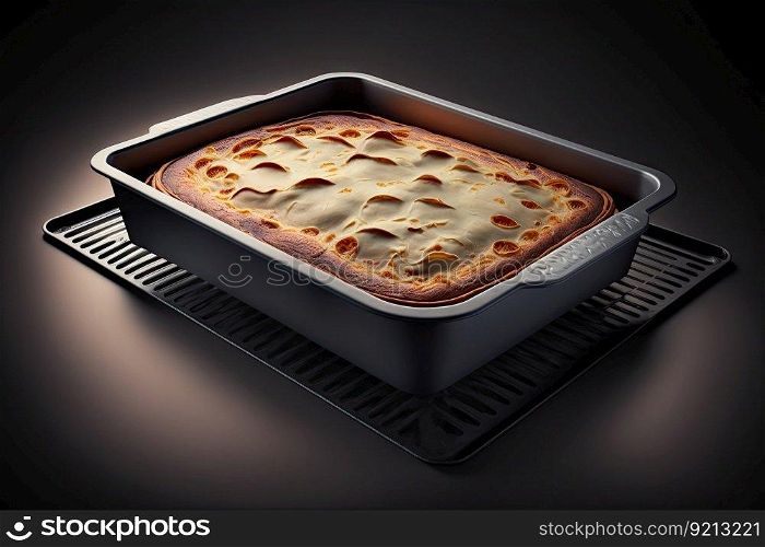 baked cake in section on baking tray for cooking on hob, created with generative ai. baked cake in section on baking tray for cooking on hob