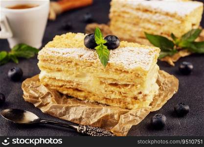 baked cake Napoleon, Millefeuille garnished with blueberry and mint