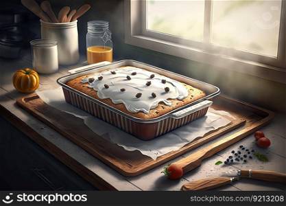 baked cake on baking tray for dessert for breakfast with cream, created with generative ai. baked cake on baking tray for dessert for breakfast with cream
