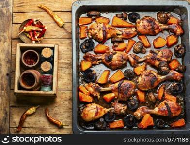 Baked chicken legs with pumpkin and mushrooms on wooden table. Chicken legs in soy sauce with pumpkin