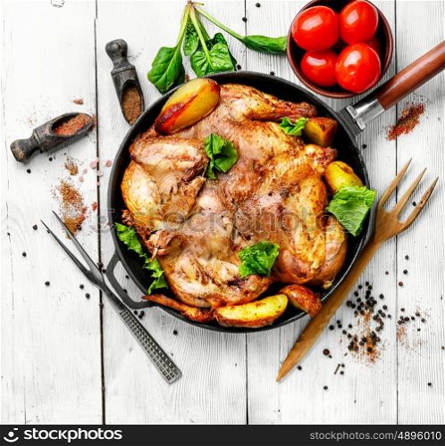 Baked chicken with potatoes. chicken tobacco cooked in pan with spices according to the Georgian recipe