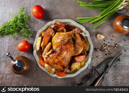 baked chicken with vegetables on metal plate