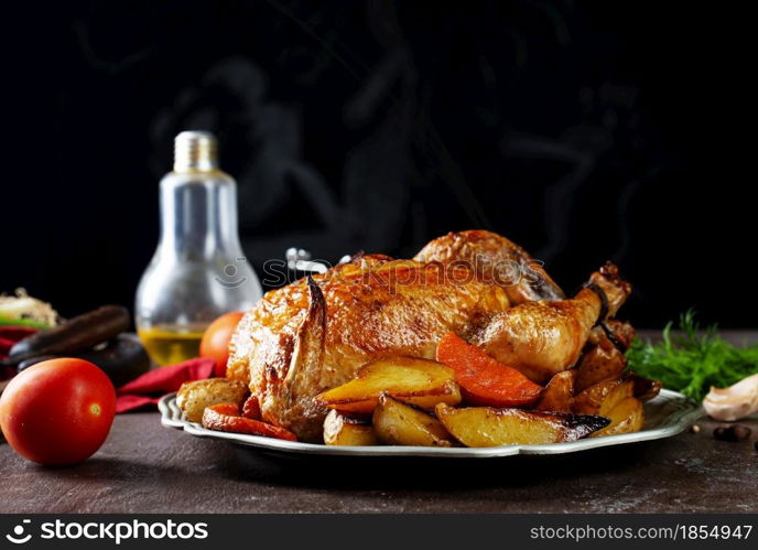 baked chicken with vegetables on metal plate