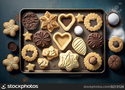 baked cookies in fantastic shapes on baking tray for baking, created with generative ai. baked cookies in fantastic shapes on baking tray for baking