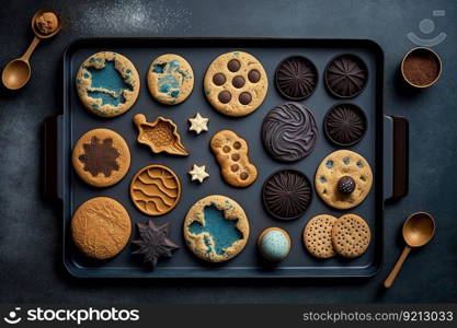 baked cookies in shapes and patterns on baking tray for breakfast, created with generative ai. baked cookies in shapes and patterns on baking tray for breakfast
