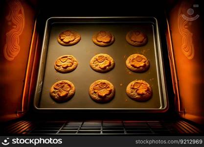baked cookies with marmalade on baking tray in oven, created with generative ai. baked cookies with marmalade on baking tray in oven