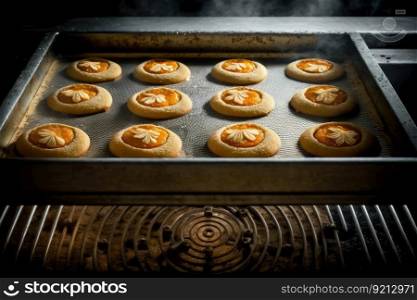 baked cookies with marmalade on baking tray in oven, created with generative ai. baked cookies with marmalade on baking tray in oven