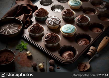 baked delicious homemade cupcakes in chocolate on baking tray, created with generative ai. baked delicious homemade cupcakes in chocolate on baking tray