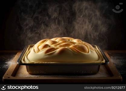baked dough cake baked in oven on baking tray, created with≥≠rative ai. baked dough cake baked in oven on baking tray