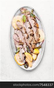 Baked duck breast with pineapple sauce.Grilled duck breast slices.Healthy baked meat. Roasted duck breast