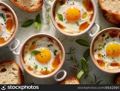 Baked eggs for breakfast in white pan with fresh bread.AI Generative