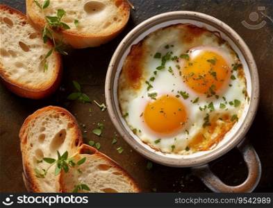 Baked eggs with pepper and herbs in pan with fresh bread.AI Generative