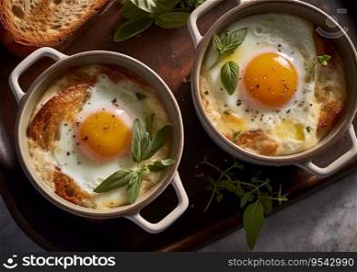 Baked eggs with pepper and herbs in pan with fresh bread.AI Generative