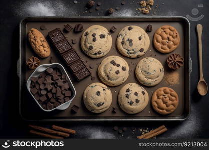 baked goods on cookie baking tray for delicious homemade desserts, created with generative ai. baked goods on cookie baking tray for delicious homemade desserts