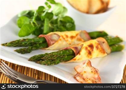 Baked green asparagus wrapped in bacon and wonton dough (Selective Focus, Focus on the asparagus tips of the first bundle). Baked Green Asparagus
