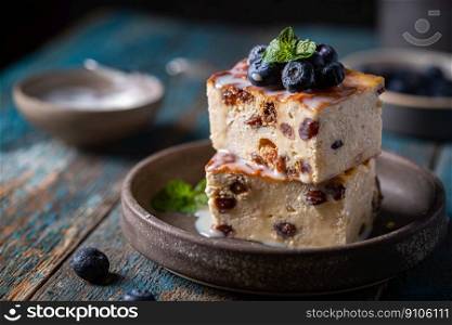 Baked homemade cottage cheese casserole or pudding with raisins serving with blueberry and sour cream on dark background. Close-up.. Cottage cheese casserole
