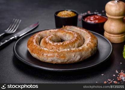 Baked homemade sausage with spices and herbs, close up. Spiral grilled homemade sausage. Baked homemade sausage with spices and herbs, close up