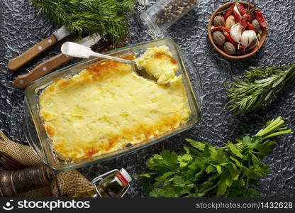 Baked mashed potato with minced beef and cheese