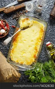 Baked mashed potato with minced beef and cheese