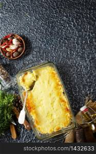Baked mashed potato with minced beef and cheese