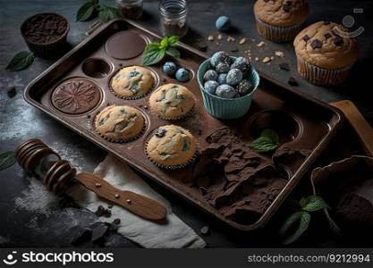 baked muffins and cookies with cooling baking tray on table, created with generative ai. baked muffins and cookies with cooling baking tray on table