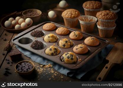 baked muffins and cookies with cooling baking tray on table, created with generative ai. baked muffins and cookies with cooling baking tray on table
