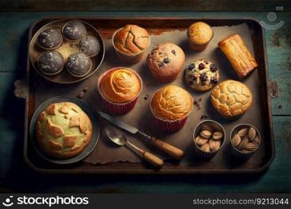 baked muffins, scones and cakes on baking tray, created with generative ai. baked muffins, scones and cakes on baking tray