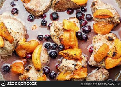 Baked pork in red wine with apricot and blackcurrant.. Stew meat with apricot.
