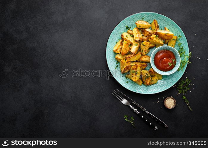 Baked potato and tomato sauce on plate top view