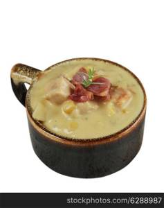 Baked Potato Soup With Cheese And Bacon Isolated On White