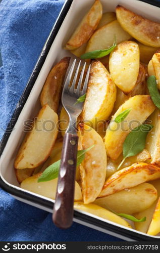 baked potato wedges in enamel baking dish
