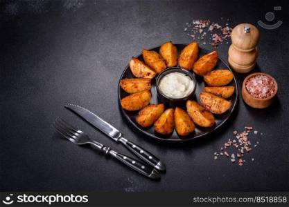Baked potato wedges with cheese and herbs and tomato sauce on a dark background - homemade organic vegetable vegan vegetarian potato wedges snack food. Baked potato wedges with cheese and herbs and tomato sauce on a dark background