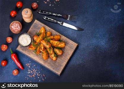 Baked potato wedges with cheese and herbs and tomato sauce on a dark background - homemade organic vegetable vegan vegetarian potato wedges snack food. Baked potato wedges with cheese and herbs and tomato sauce on a dark background
