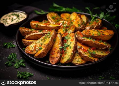 Baked potato wedges with cheese and herbs. Baked potato wedges with cheese and herbs.