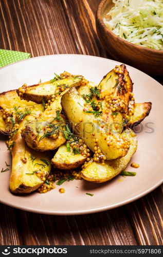 Baked potato with mustard seeds and dill. The baked potato