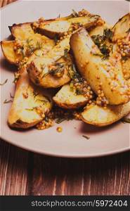 Baked potato with mustard seeds and dill. The baked potato