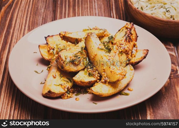 Baked potato with mustard seeds and dill. The baked potato
