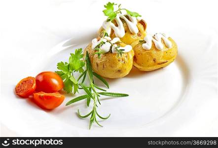 Baked potato with sour cream sauce, selective focus