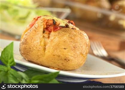 Baked potato with tomato filling and cheese on top (Selective Focus, Focus on the front of potato). Baked Potato