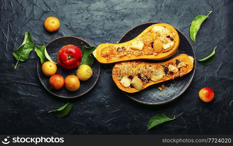 Baked pumpkin with apples, cherry plum and rice. Pumpkin stuffed with plums,pumpkin in azerbaijani