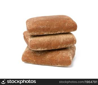 baked rectangular rye flour buns on white isolated background