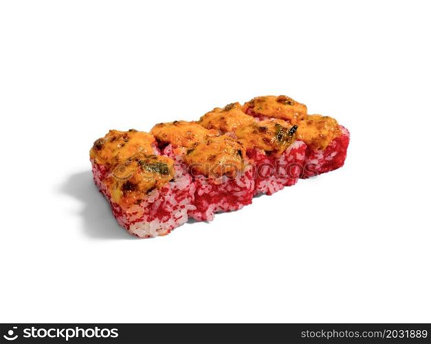 Baked roll isolated on white background. Japanese sushi roll with red caviar
