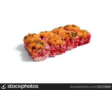 Baked roll isolated on white background. Japanese sushi roll with red caviar