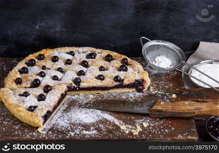 baked round black currant cake and powdered with icing sugar, close up