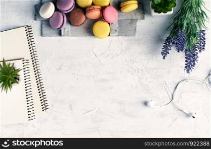 baked round multi-colored macarons on a wooden board, stack of spiral notebooks, next to green plants in white ceramic pots, top view, workplace