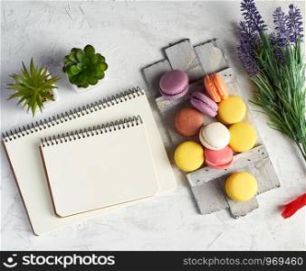 baked round multi-colored macarons on a wooden board, stack of spiral notebooks, next to green plants in white ceramic pots, top view, workplace