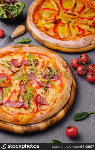 Baked round pizza made with salami, tomatoes and mushrooms