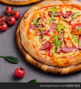 Baked round pizza made with salami, tomatoes and mushrooms