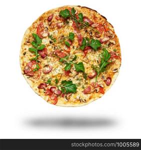 baked round pizza with smoked sausages, mushrooms, tomatoes, cheese and arugula leaves isolated on white background?